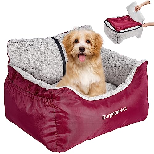 BurgeonNest Dog Car Seat for Small Dogs, Fully Detachable and Washable Cat Carseats Under 25 lbs, Soft Pet Booster Seats with Storage Pockets Clip-On Leash Portable Travel Carrier Bed, Red - color: Red, size: Small