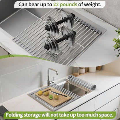 Foldable Over Sink Dish Drying Rack - Stainless Steel Sink Drain Rack with Silicone Edges, Roll-Up Storage for Kitchen, RV, Dorm Sinks (14.5×11.4in)