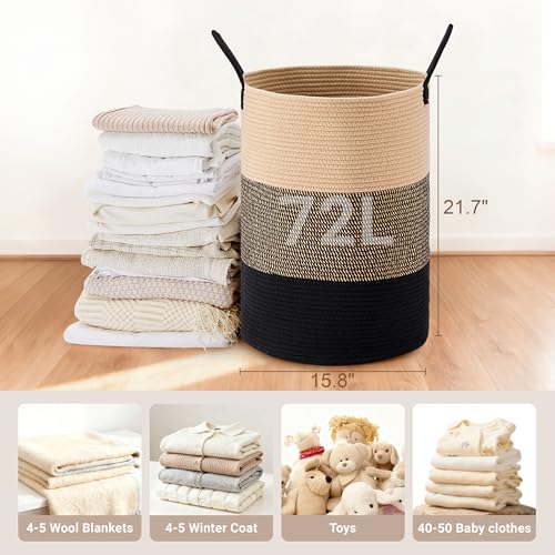 72L Large Tall Cotton Rope Laundry Basket with Handles, Brown & Black - color: Brown & Black, size: 72L