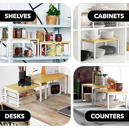 Simple Houseware Expandable Stackable Cabinet and Counter Shelf Organizer with Wooden Surface, 7.6'' D x 11.75'' W x 6.1'' H, Oak - color: Oak