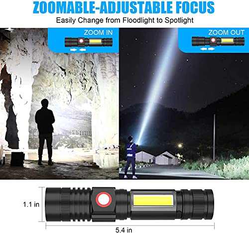 Hoxida USB Rechargeable Flashlight, Magnetic LED Flashlight, Super Bright LED Tactical Flashlight with Cob Worklight,Waterproof,Zoomable Best Small LED Flashlight for Camping, Emergency Flashlight - color: 2pack flashlight with box