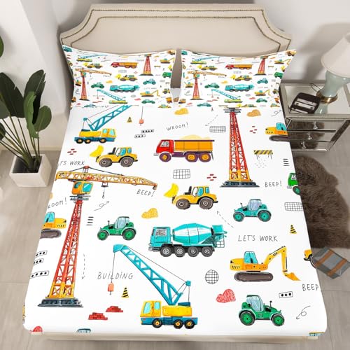 Erosebridal Kid Excavator Bedding Set Queen, Tractor Machinery Trucks Fitted Sheet, Construction Vehicle Bedding Set for Boys, Bulldozer Crane Cartoon Bed Cover Equipment Truck Fitted Sheet, Colorful - color: Multi 0219, size: Queen (No Top/Flat Sheet)