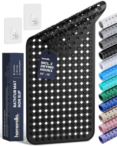 Bathtub Mat Non Slip 35x16 - homerella® Bath Mat Incl. Hooks for Drying, Extra Long, 100% BPA Free, Shower Mat Non Slip Anti Mold, Machine Washable, Shower Mats for Inside Shower Mildew Resistant - color: Black, size: 34.5" x 15.5" (Rectangular)