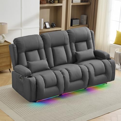TUNYI Power Loveseat Recliner Sofa with Massage & Heat Home Theater Seating with Console RV Recliner Loveseat Sofa with USB/Storage/Side Pocket/LED Light/Speaker (Dark Grey, 3 Seat) - color: Dark Grey, size: 3 Seat