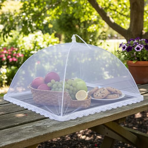 6 Pack Mesh Food Covers 17 Inch, White Pop-Up Food Tents, Collapsible Umbrella Screen Covers for Parties, BBQs, Picnics, Outdoor Camping Dining, Reusable Fly Cover - size: White