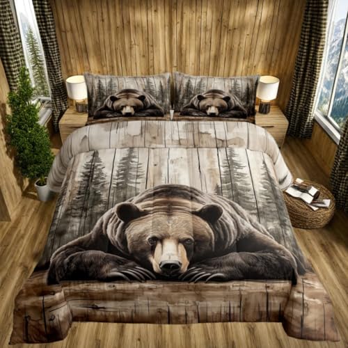 Erosebridal Grizzly Bear Bedding Set Toddler Hunting Wild Animal Comforter Set Rustic Farmhouse Cabin Bedding Comforter Sets Western Country Quilt Bed Set Vintage Forest Wildlife Decor,1 Pillowcase - color: Brown Green Grey, size: Toddler