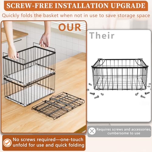Large Freezer Organizer Bins, Upgrade Quick Expand/Collapse Feature, for 5-9 Cu.Ft Deep Freezer, 3 Pack Stackable Deep Freezer Organizer Bins, Black Wire Foldable Baskets (Black 3 Pack) - color: Black