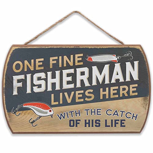 Open Road Brands One Fine Fisherman Wall Art Sign - Funny Fishing Decor for Man Cave, Garage, or Workshop - color: Black/Tan