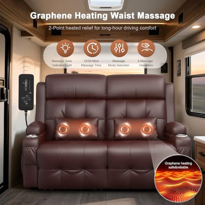 Power RV Loveseat Recliner Sofa, Reclining Loveseats Couch for RV Furniture, Home Theater Seating with Heat Massage, USB, Insert Pockets, Cup Holders, 150° Wall Hugger RV Recliners Sleeper Sofas - color: Brown, size: Loveseat-G1-Power