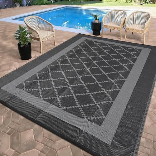 Garvee 8x10 Outdoor Rug for Patios Boho Reversible Camping Carpet, Waterproof Straw Plastic Outdoor Mat with 4 Stakes and Storage Bag for RV, Picnic, Backyard, Deck, Balcony, Porch, Beach, Black - color: Geometric|black&grey, size: 8' x 10' (Rectangular)