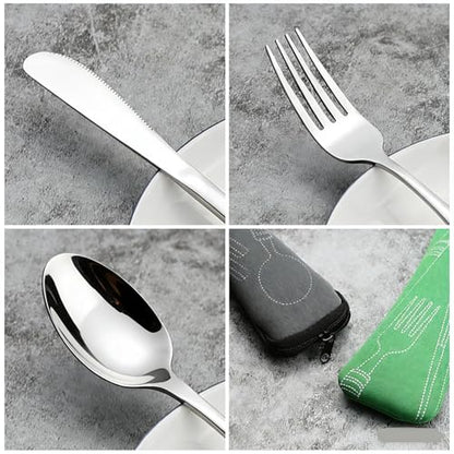 3-Piece Stainless Steel Picnic Cutlery, Portable Silverware Set for Work, Travel Utensil Set w/Case, 4-Pack
