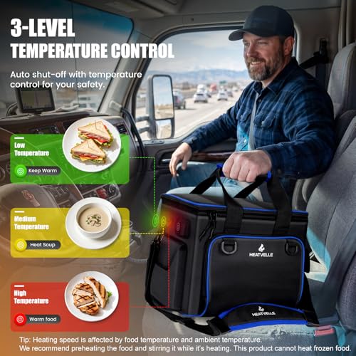 Large Heated Lunch Box Lunch Bag for Men, Auto Temp Control Electric Lunch Box for Adults, 12/24/110V Portable Food Warmer for Truck/Car/Work/Travel, Self Heating Lunch Box for Construction