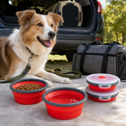 Guyuyii 4 Pack Food-Grade Silicone Collapsible Bowls with Lids for Camping | BPA-Free Round Nesting Set for RV Travel, Hiking, and Outdoor Recreation Activities | Microwave, Freezer, Dishware Safe - color: red
