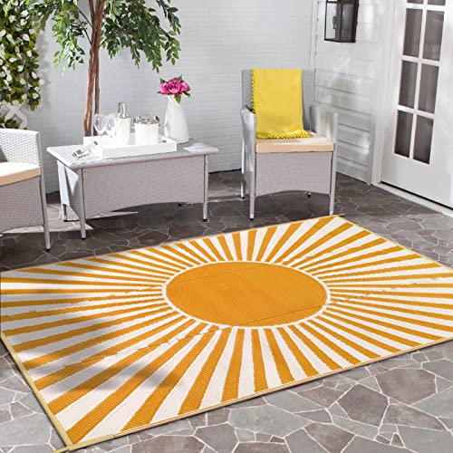Anidaroel Outdoor Area Rug for Patio Clearance 5X8ft Waterproof, Reversible Plastic Straw Rug Outside Rug, RV Mat for Camping, Porch, Balcony, Pool Deck, Backyard(Orange,5‘x8') - color: Orange Sun, size: 5' x 8' (Rectangular)