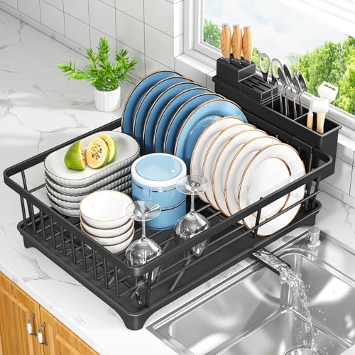 Kmiectse Dish Drying Rack - Space-Saving Small Dish Rack for Kitchen Counter, Rust-Resistant Kitchen Drying Rack, Compact Dish Drainer Organizer with Utensil Holder for Home Kitchen, Black - color: Black