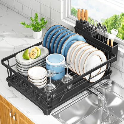 Kmiectse Dish Drying Rack - Space-Saving Small Dish Rack for Kitchen Counter, Rust-Resistant Kitchen Drying Rack, Compact Dish Drainer Organizer with Utensil Holder for Home Kitchen, Black - color: Black