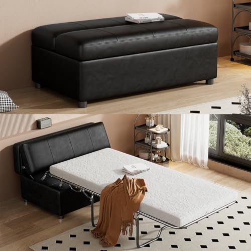 46" Ottoman Folding Bed, Twin Size Convertible Ottoman Pull Out Bed with Memory Mattress, Foldable Sofa Beds Dual Use Guest Sleeper Couch for Living Room Bedroom Guest Room, RV (Black+PU) - color: Black+pu