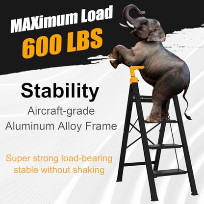 4 Step Ladder with Single-Handrail, Aluminum Step Stool Foldable, Lightweight Sturdy Step Ladder with Anti-Slip Pedals,Convenient Handrail for Home Kitchen Closet, 600lbs Max Load Capacity (Yellow) - color: Yellow, size: 4 steps