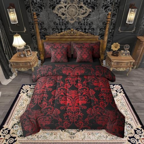 Erosebridal Gothic Damask Bed in a Bag King Size Comforter Set 7 Pieces,Exotic Moth Bedding Sets Red Black Victorian Floral Goth Sheet Set with Comforter - color: Multi 18, size: King(7-Pieces)