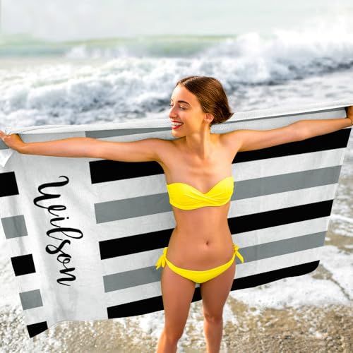 MeMoShe Personalized Beach Towel with Name Custom Microfiber Kids Beach Towels Sand Free Quick Dry Pool Towel Blanket Stripes Print Beach Towels for Adults 30x60 Inch - color: Multi-color 22