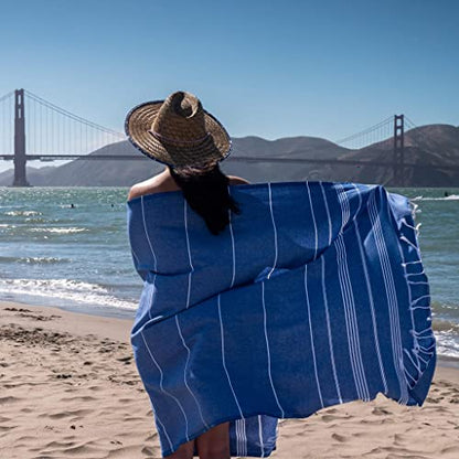 BAY LAUREL Turkish Beach Towel with Travel Bag 39 x 71 Quick Dry Sand Free Lightweight Large Oversized Towels Light - color: Dark Blue With Yellow Floral Bag
