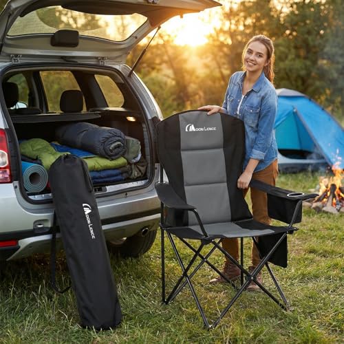 MOON LENCE Heavy Duty Camping Chair, 450LBS Capacity High Back Folding Chair with Cup Holder & Cooler Bag, Portable Outdoor Chair for Camping, Backyard, RV and Beach, 1 Pack