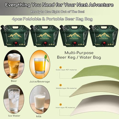 Collapsible Water Container with Spigot 2.1Gal, 4Pack Portable Beer Dispenser Bag for Camping RV, 3-Layer Oxygen Barrier Growler Alternative, BPA Free Reusable Drink Bags for Homebrew Festivals Cruise