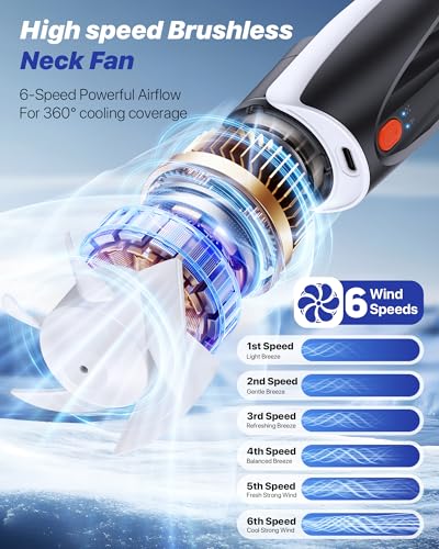 Kesguar Portable Neck Fan, 20H RunTime Cooling Fan, 6 Speeds 360° Airflow Personal Fan, Rechargeable Hands Free with 6000mAh Battery Wearable Fan Gifts for Women Men Outdoor Travel Camping - color: White Black
