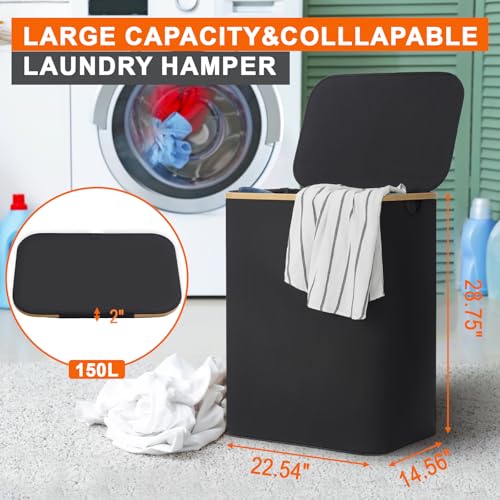 GARPROVM Double Laundry Hamper with Lid 150L Large Laundry Basket with Bamboo Handles Foldable Clothes Hampers with 2 Removable Liner Bags for Laundry for Bedroom Bathroom Dorm Laundry Room, Black - color: Black