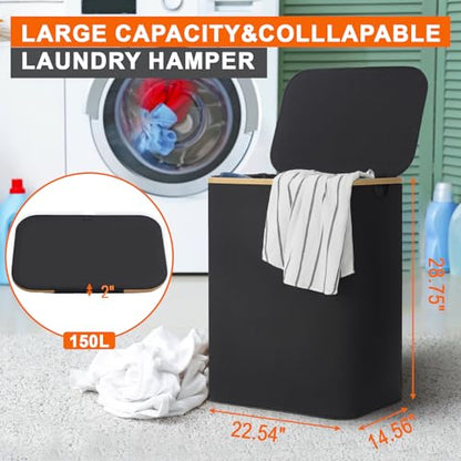 GARPROVM Double Laundry Hamper with Lid 150L Large Laundry Basket with Bamboo Handles Foldable Clothes Hampers with 2 Removable Liner Bags for Laundry for Bedroom Bathroom Dorm Laundry Room, Black - color: Black
