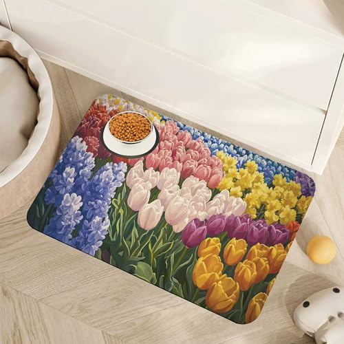 Tulip Lavender Pet Feeding Mat,Vintage Flower Fields Absorbent Quick-Dry Cat Dog Food and Water Bowl Mats,Non-Slip Rubber Backing Mat,Cat Dog Accessories Supplies 12"x20" - color: Tulip Lavender, size: 12"×20"