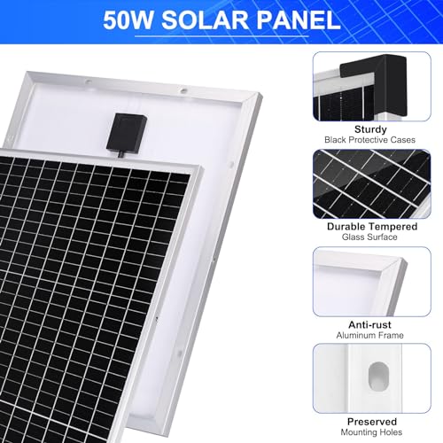 Solar Panel Kit 50W with 10A Charge Controller Monocrystalline Solar Panel Kit with Extension Cable for Car Roof RV Marine Rooftop Farm Battery and Other Off-Grid Applications