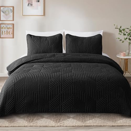 Exclusivo Mezcla Ultrasonic Full Queen Quilt Bedding Set, Lightweight Black Bedspreads Soft Modern Geometric Coverlet Set for All Seasons (1 Quilt and 2 Pillow Shams) - color: Black, size: Full/ Queen (90"x96")