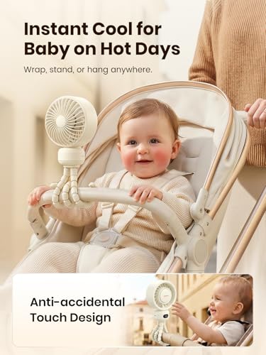 Warmco Portable Stroller Fan, 4000mAh Rechargeable Clip On Fan with Flexible Tripod (Up to 15H), 4 Speeds, LED Display, Detachable Grille, Quiet Operation, for Car Seat, Crib & Treadmill - color: White