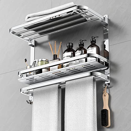 CAXIMSY 22.8Inch Towel Rack for Bathroom and Lavatory Towel Hanger with Wall Mount Towel Bars 304 Stainless Steel No Drill (Collapsible Towel Rack with Bathroom Organize Shower Shelves) - color: Collapsible Towel Rack With Bathroom Organize Shower Shelves