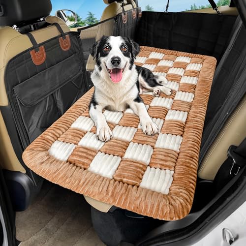 Dog Car Bed Mat, Non-Slip Backseat Extender Pet Blanket, Plaid Dog Bed for SUVs, Sedans & Trucks, Chew-Resistant Travel Pad for Dogs, Easy Clean & Scratch-Proof & Comfort (50"x24.6") - color: Brown and White, size: For Cars/ SUV/ Small Truck (50"×24.6")