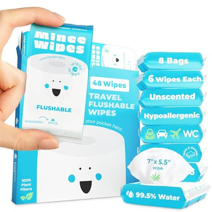 Impossibly Compact Travel Flushable Wipes - 99.5% Water and Aloe - Safe for Sensitive Skin & Hypoallergenic - Travel Essentials for Adults & Kids, Unscented, 8 Pack 48 Wipes - size: 6 Count (Pack of 8)