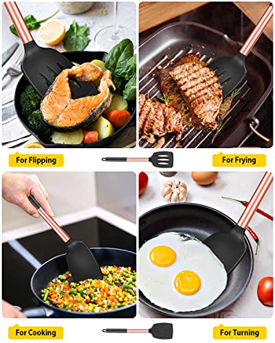 Pack of 2 Silicone Solid Turner, Non Stick Slotted Kitchen Spatulas, High Heat Resistant BPA Free Cooking Utensils, Ideal Cookware for Fish, Eggs, Pancakes(Rose Gold Black) - color: Rose Gold Black