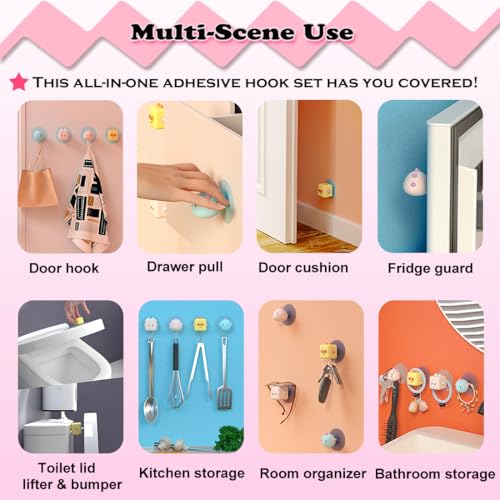 Multi-Purpose 3D Adhesive Hooks - Set of 4 Cartoon Hooks, Door Stopper, Sliding Door Handle, Drawer Pull & Toilet Lid Lifter, No Drill Decorative Wall Hooks for Kitchen, Bathroom, Door, Cabinet