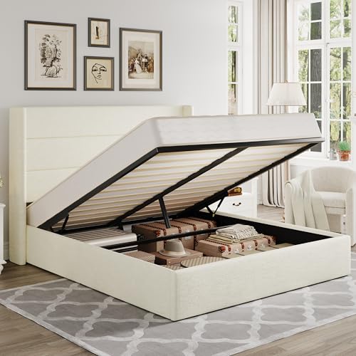 Allewie Full Size Lift Up Storage Bed, Chenille Fabric Upholstered, Modern Wingback Headboard, Hydraulic Support, No Box Spring Needed, Cream White - color: Cream White, size: Full, style: Modern