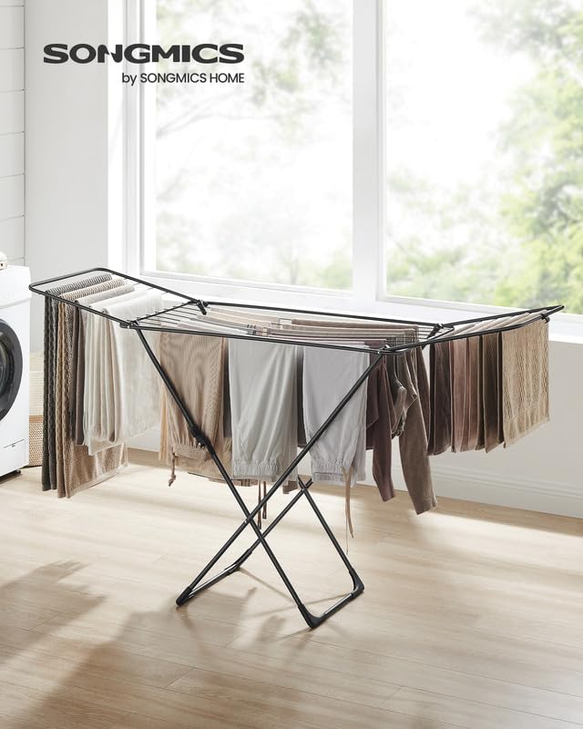 SONGMICS Clothes Drying Rack, Metal Laundry Drying Rack, Foldable, Space-Saving, Free-Standing Airer, with 2 Gullwings, Indoor Outdoor Use, Bed Linen Clothing, Black ULLR540B01 - color: Black, style: 2 Gullwings（19.7"D)