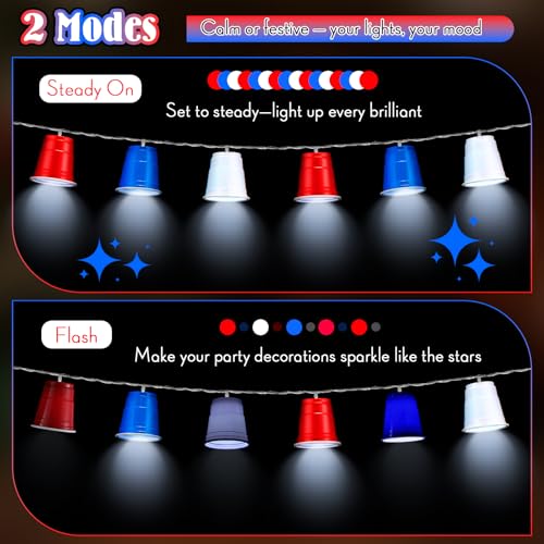 Hiboom 1 Pack Red White and Blue Cups Light, Shot Cup Fairy String Lights Battery Operated LED for Memorial Day Patriotic Decor 4th of July Independence Day Bar Graduation RV Party Decoration (13ft) - size: 13Ft