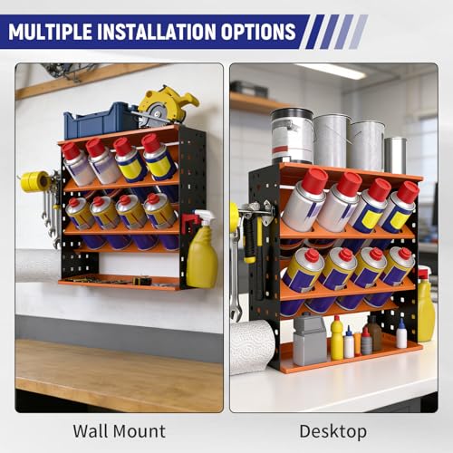 Wall Mount Spray Can Holder, Aerosol Spray Bottle Holder Storage Rack, Heavy-Duty Paint Bottle Organizer with 8 Can Holes & 4 Steel Hooks, 4 Plastic Hooks for Garage, Shop, Home or Tool Trailer - style: A-Spray Can Rack