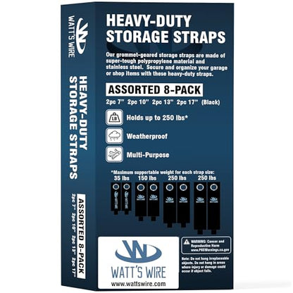 Heavy Duty Storage Straps - 8 Pack: 2 Small, 2 Medium, 2 Large, 2 XL - Extension Cord Ties - Storage Strap - By Watt's Wire - size: 8-Pack (7"/10"/13"/17")