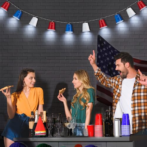 Hiboom 1 Pack Red White and Blue Cups Light, Shot Cup Fairy String Lights Battery Operated LED for Memorial Day Patriotic Decor 4th of July Independence Day Bar Graduation RV Party Decoration (13ft) - size: 13Ft