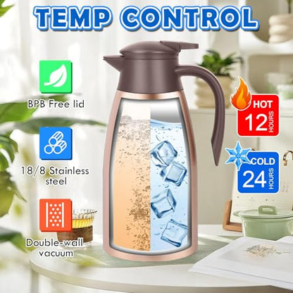 68oz Thermal Coffee Carafe, Stainless Steel Coffee Carafes for Keeping Hot, Airpot Insulated Tea Pot Dispenser for Hot Water, Tea, Hot Beverage - Keep 12 Hours Hot, 24 Hours Cold, Champagne Gold - color: Champagne Gold