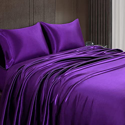 Homiest 3pcs Satin Sheets Set Luxury Silky Satin Bedding Set with Deep Pocket, 1 Fitted Sheet + 1 Flat Sheet + 1 Pillowcase (Twin Size, Purple) - color: Purple, size: Deep pocket - Twin size