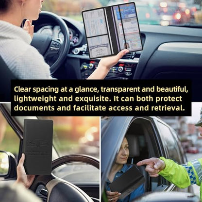 Premium Car Registration & Insurance Card Holder with Magnetic Closure & Clear Pockets, Glove Box Organizer for Documents, Driver's License (Black)