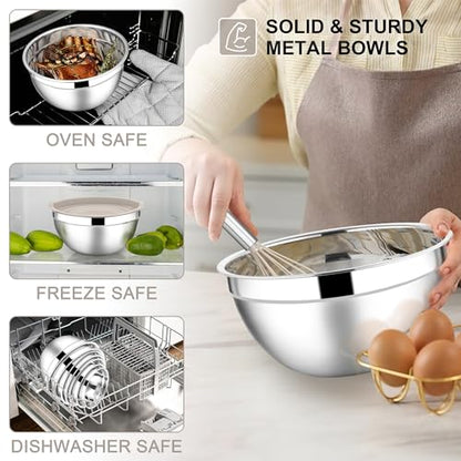 E-far Mixing Bowls with Lids Set, 7-Piece Stainless Steel Metal Mixing Bowls with Grater Attachments, Size 4.6, 3.5, 2.6, 2, 1.5, 1, 0.7QT, Nesting Design & Khaki Airtight Lids, For Cooking/Serving - color: Khaki, size: 7 Regular Sizes