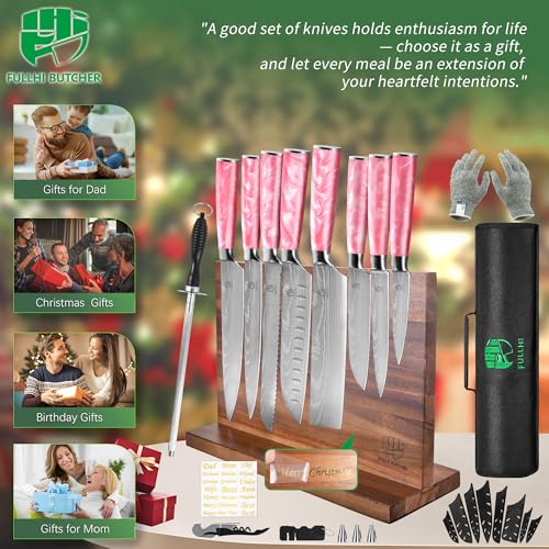 FULLHI 15pcs Japanese Knife Set with Magnetic Knife Block Holder, Stainless Steel Blades, Pink Resin Ergonomic Handles for Professional and Home Cooking - color: Pink, size: Magnetic Block Knife set